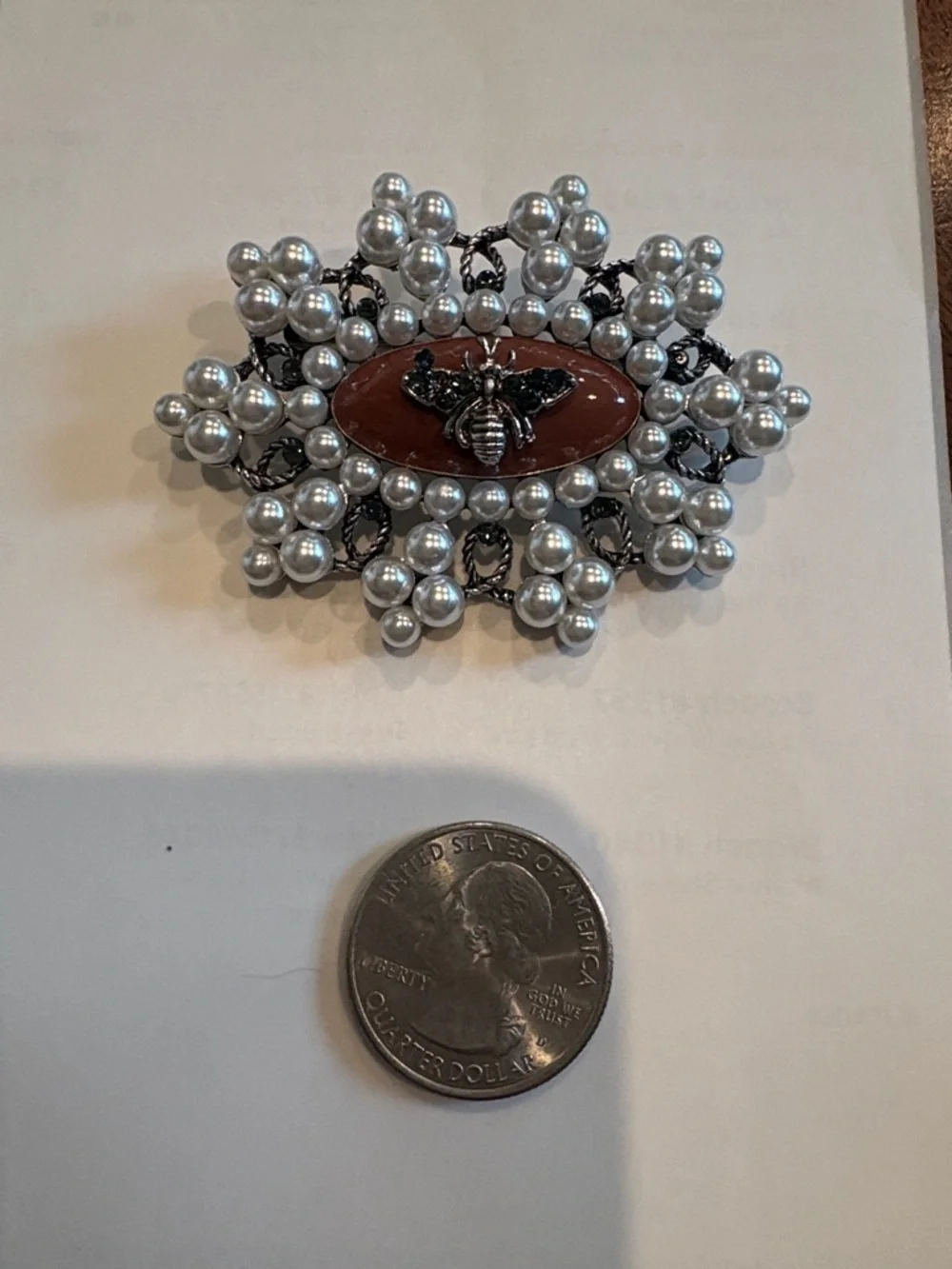 Pearl Cluster Bee Accent Brooch in Brown and Silver